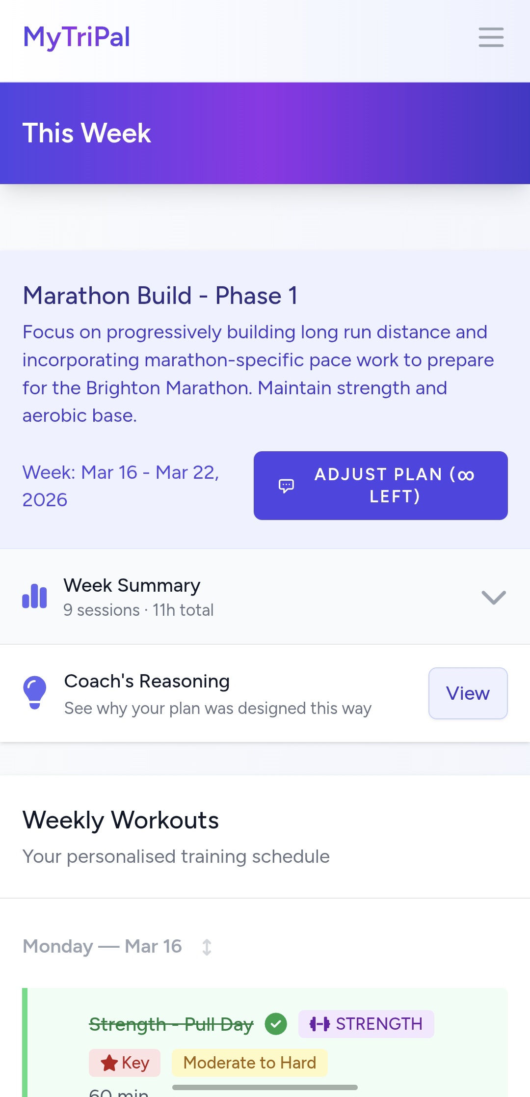 MyTriPal triathlon training app showing a personalised weekly training plan